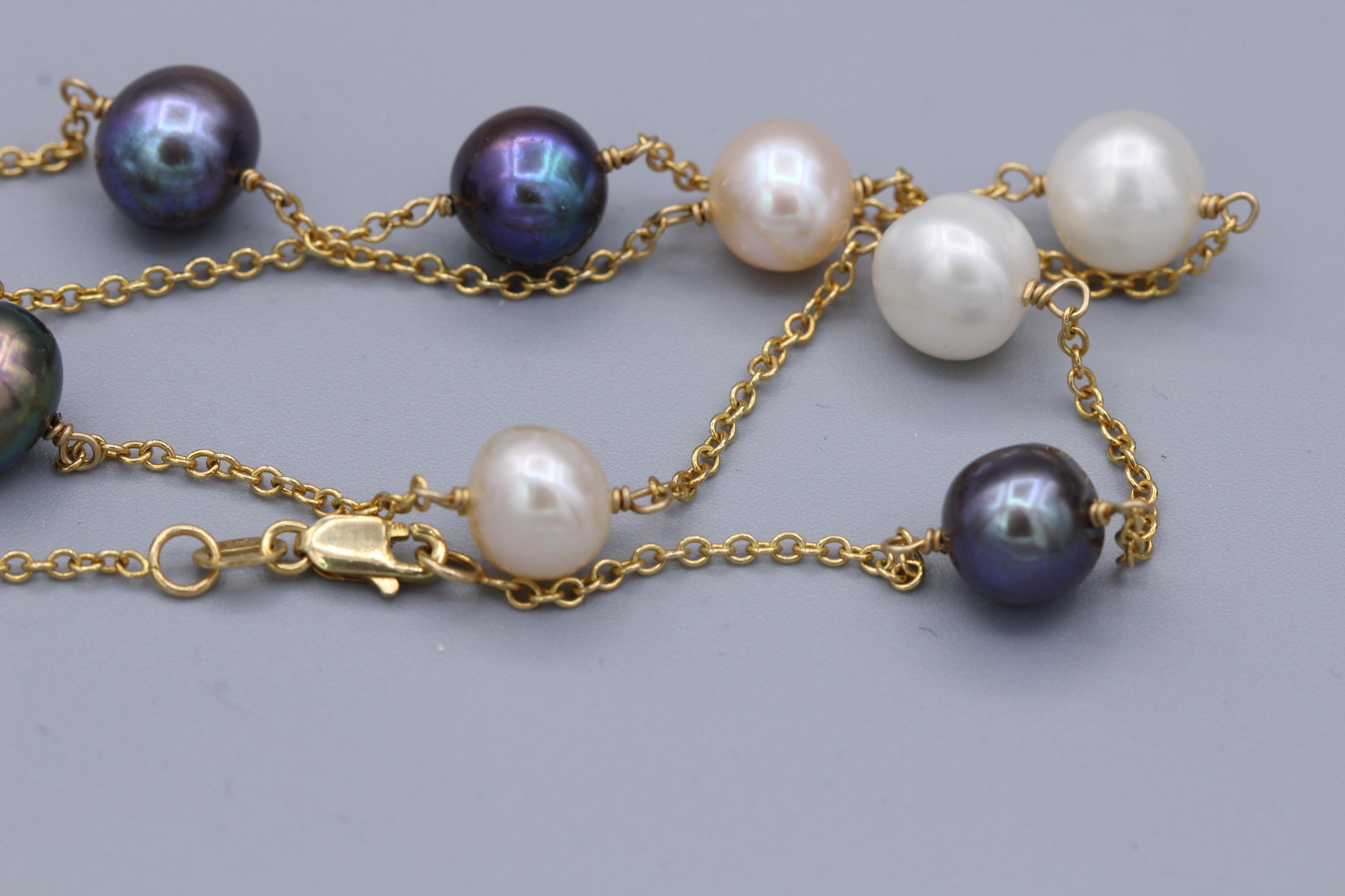 Collier de perles multicolores en or jaune 14 carats, style collier en fil de fer Pour femmes en vente
