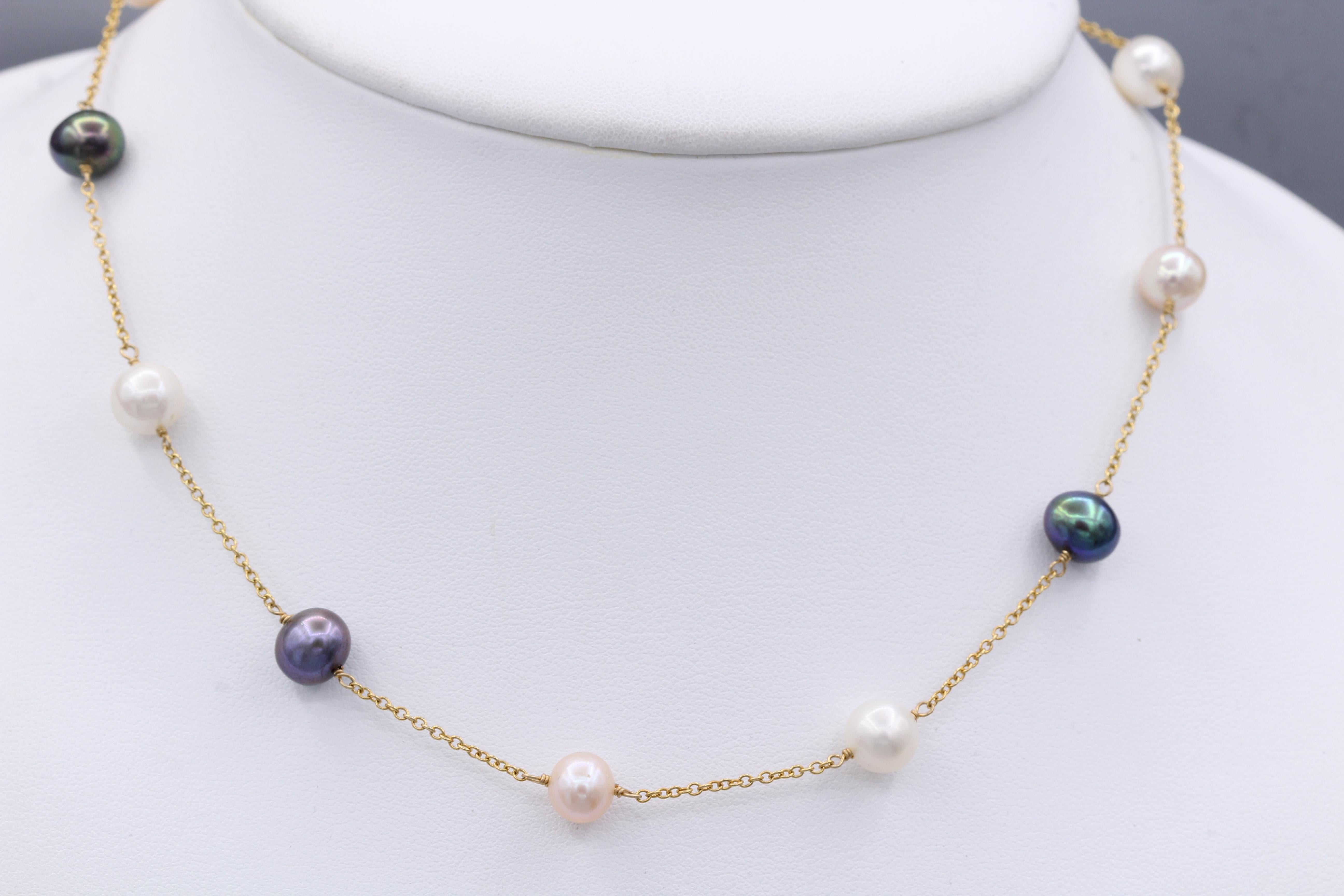Collana di perle multicolore Collana a filo in oro giallo 14 carati in vendita 2