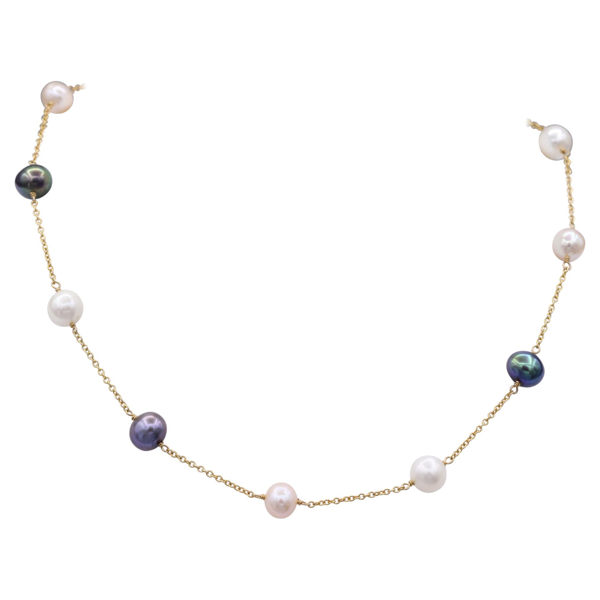 Multi Color Pearl Necklace 14 Karat Yellow Gold Wire Style Necklace