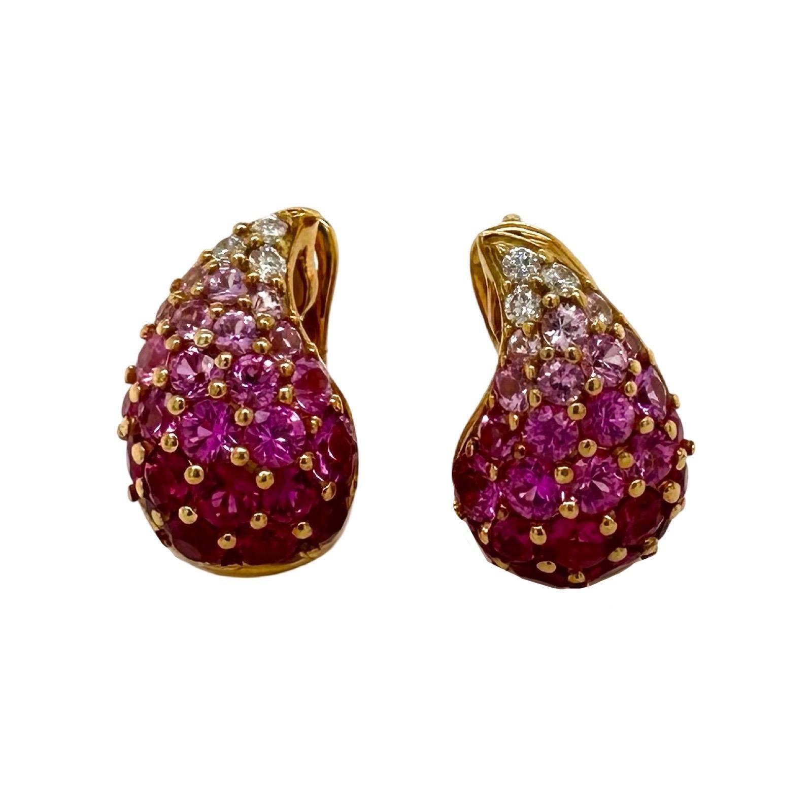 Women's Multi-Color Pink Sapphire and Diamond Teardrop Earrings in Yellow Gold