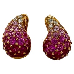 Multi-Color Pink Sapphire and Diamond Teardrop Earrings in Yellow Gold