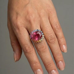 4.17ct Oval Ruby & Multi Sapphire Halo 14K Yellow Gold Ring