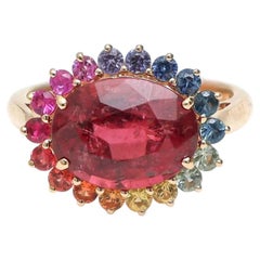 4.17ct Oval Ruby & Multi Sapphire Halo 14K Yellow Gold Ring