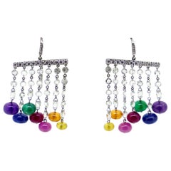 Multi-Color Precious Stones and White Diamonds Dangle Earrings