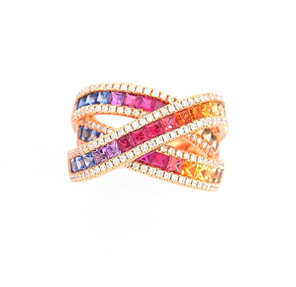 Multi-Color Princess Cut Sapphire and White Diamonds Pink Gold Cocktail Ring For Sale 6