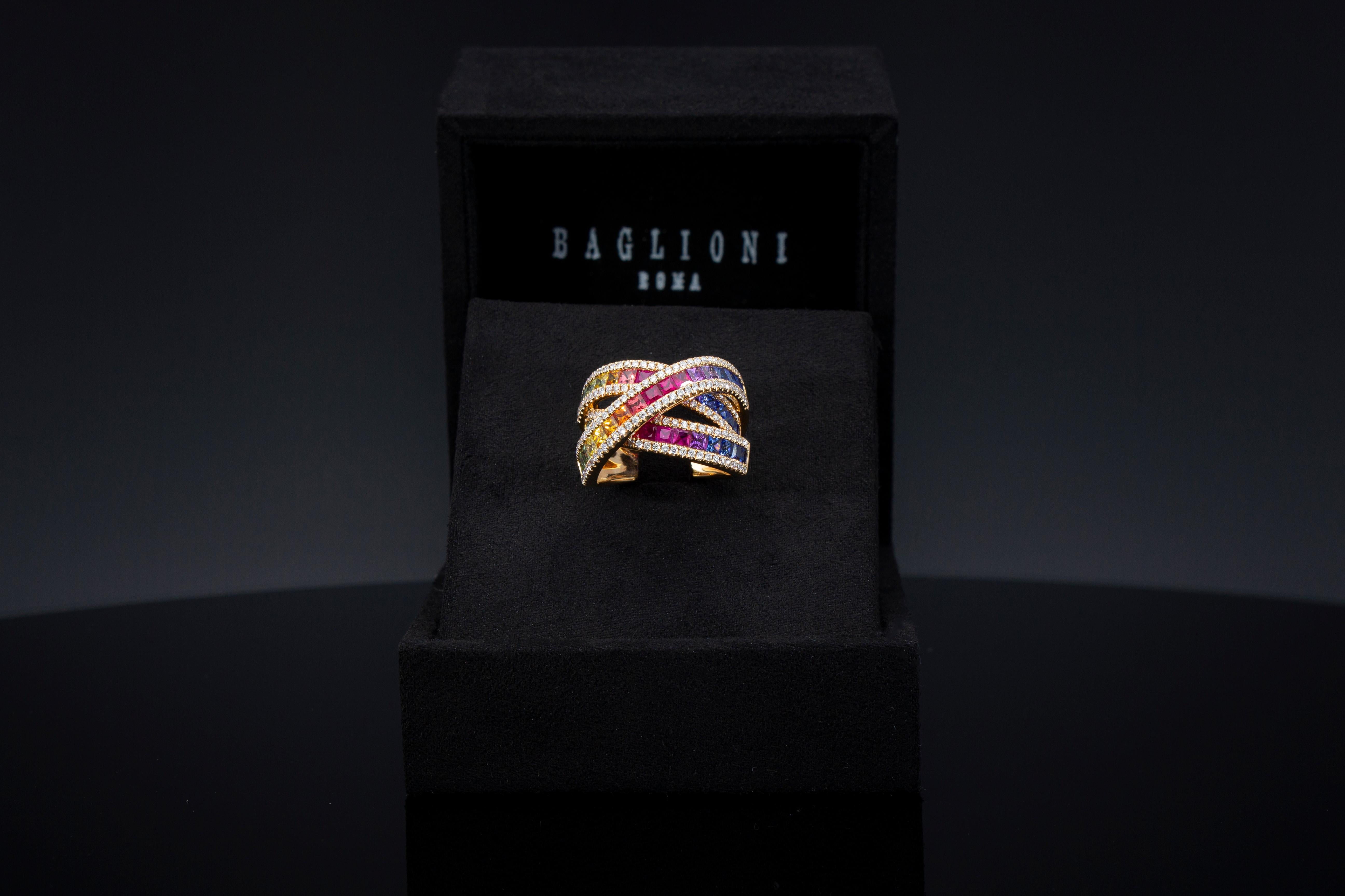 Multi-Color Princess Cut Sapphire and White Diamonds Pink Gold Cocktail Ring In New Condition For Sale In Rome, IT