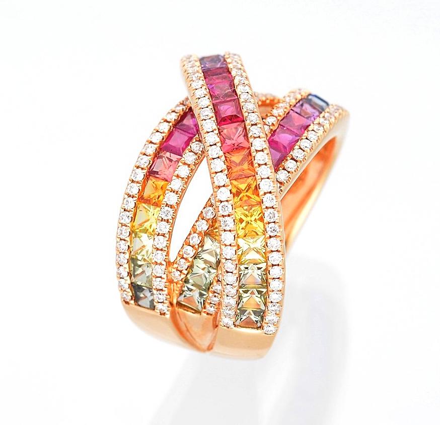 Multi-Color Princess Cut Sapphire and White Diamonds Pink Gold Cocktail Ring For Sale 3
