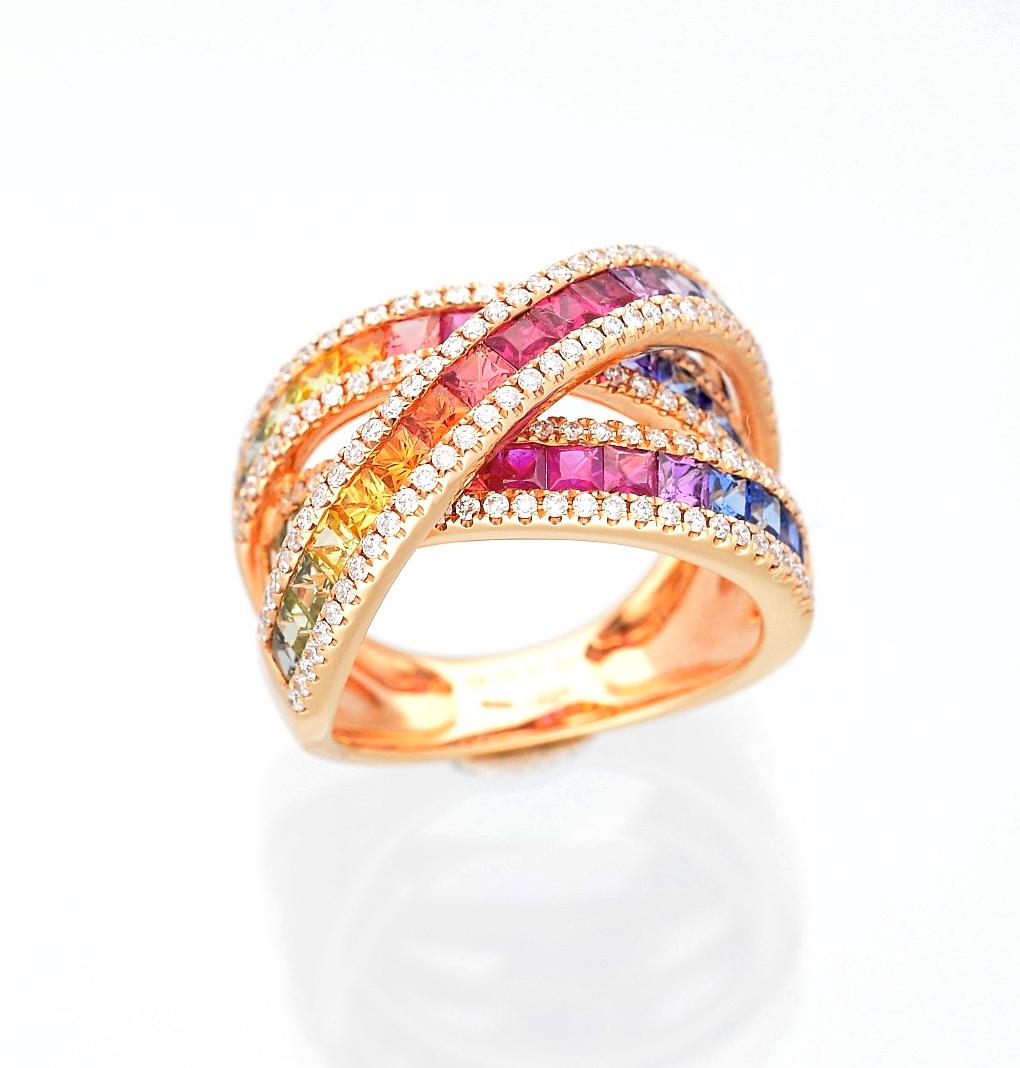 Multi-Color Princess Cut Sapphire and White Diamonds Pink Gold Cocktail Ring For Sale 4
