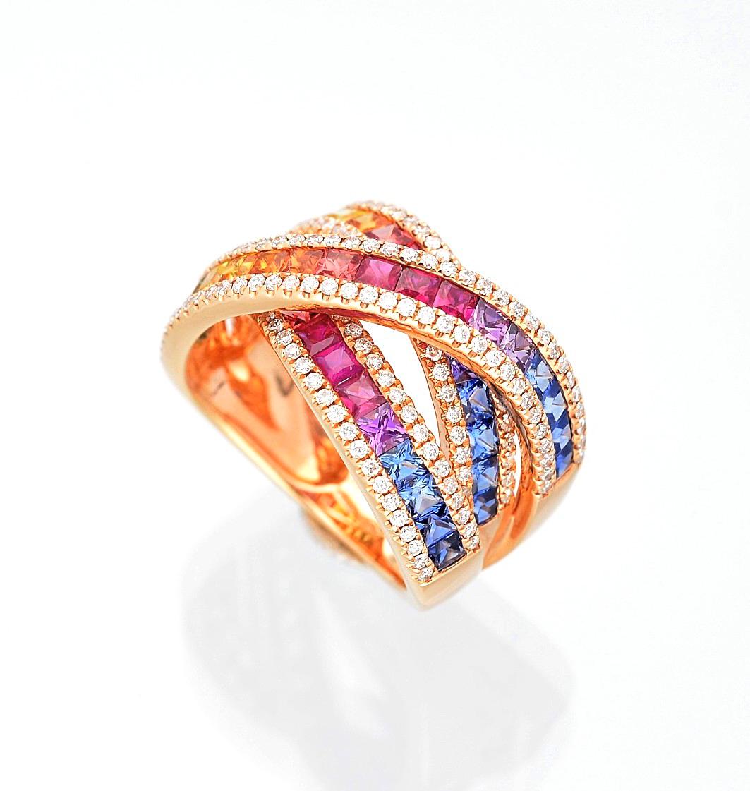 Multi-Color Princess Cut Sapphire and White Diamonds Pink Gold Cocktail Ring For Sale 5