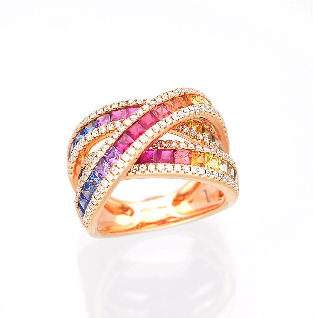 Cocktail Ring 
Hand-made in Italy
2.96 Carat Multicolor Sapphire Princesse Cut
0.74 Carat Diamond Round Cut
10.2 Grams Weight Ring
18 Karat Rose Gold 
Size: IT 14,5 USA 6-3/4 FR 54 
Resizable If needed this would come complimentary with your