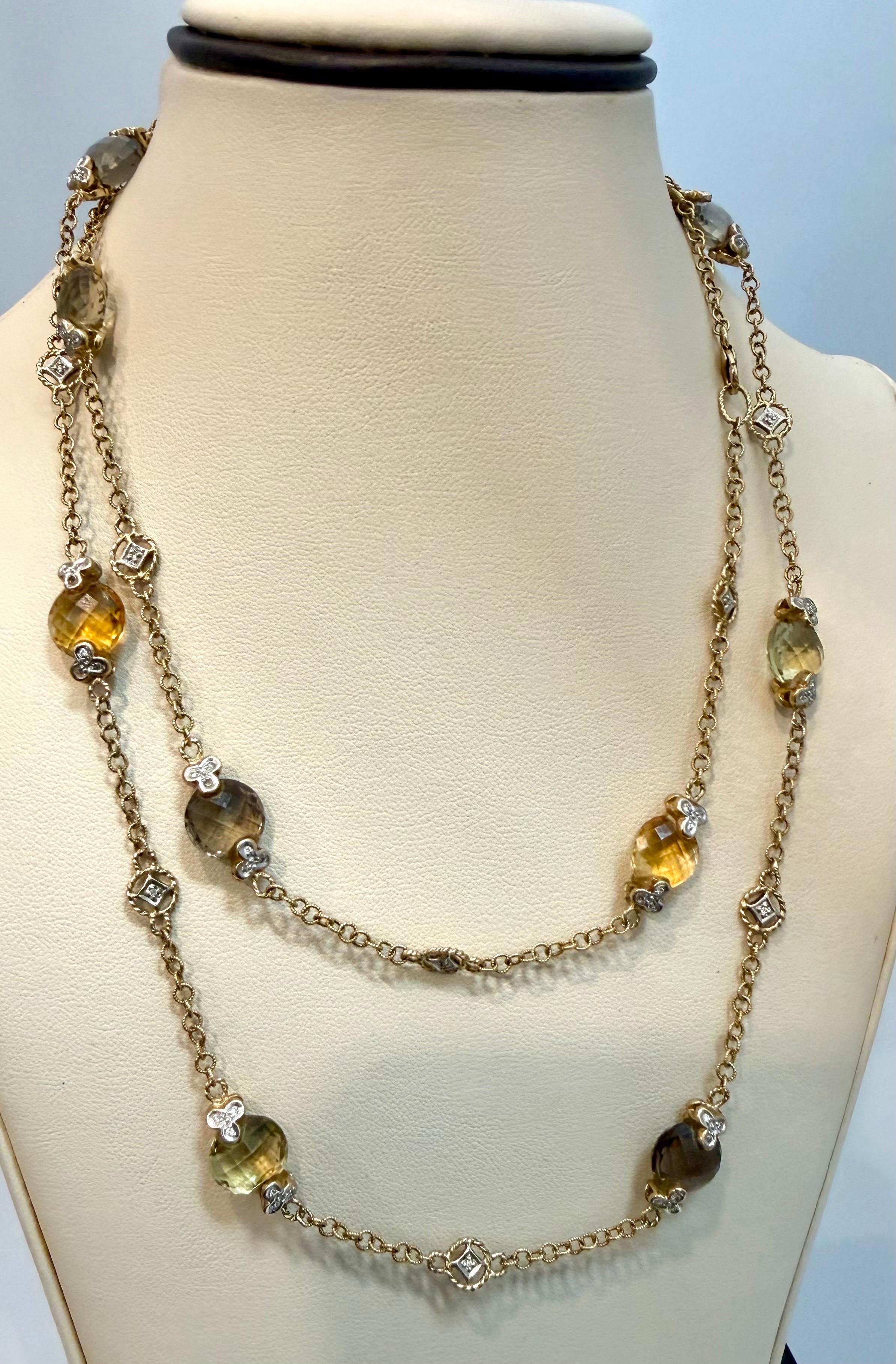 Multi Color Quartz Station Necklace  With Tiny Diamonds 14kt Gold 32