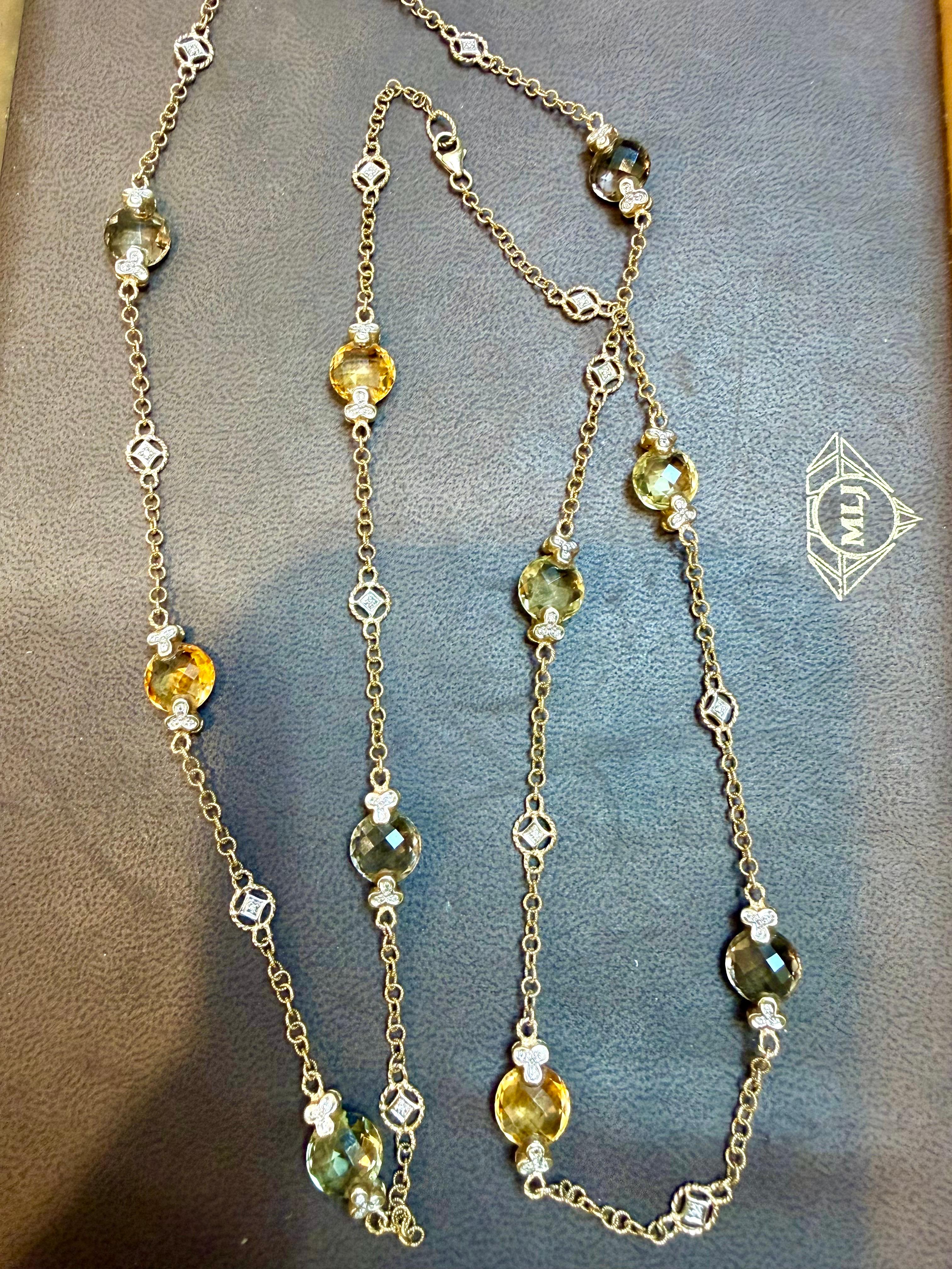 Multi Color Quartz Station Necklace  With Tiny Diamonds 14kt Gold 32