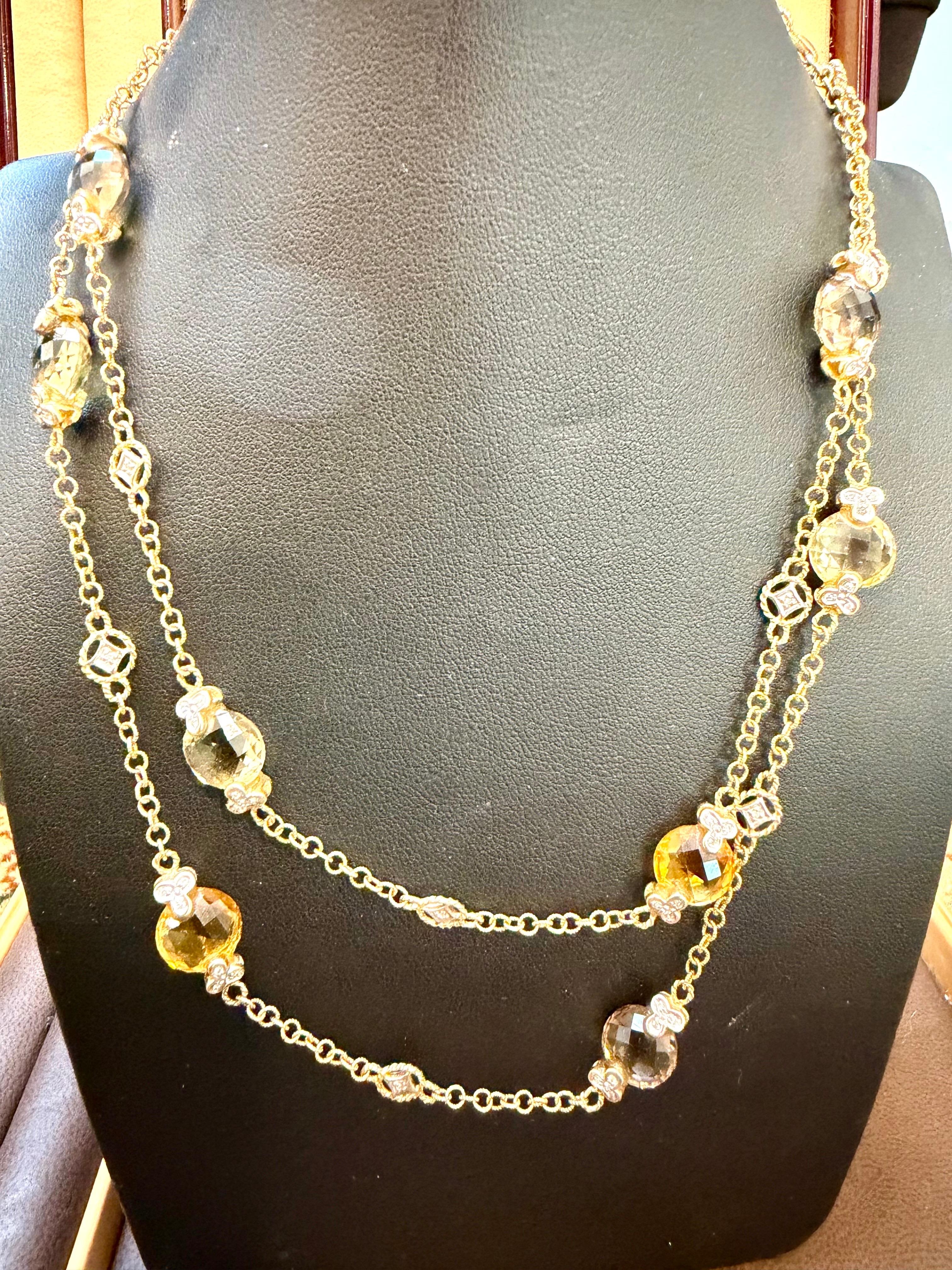 Multi Color Quartz Station Necklace  With Tiny Diamonds 14kt Gold 32