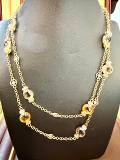 Multi Color Quartz Station Necklace  With Tiny Diamonds 14kt Gold 32" L Necklace
