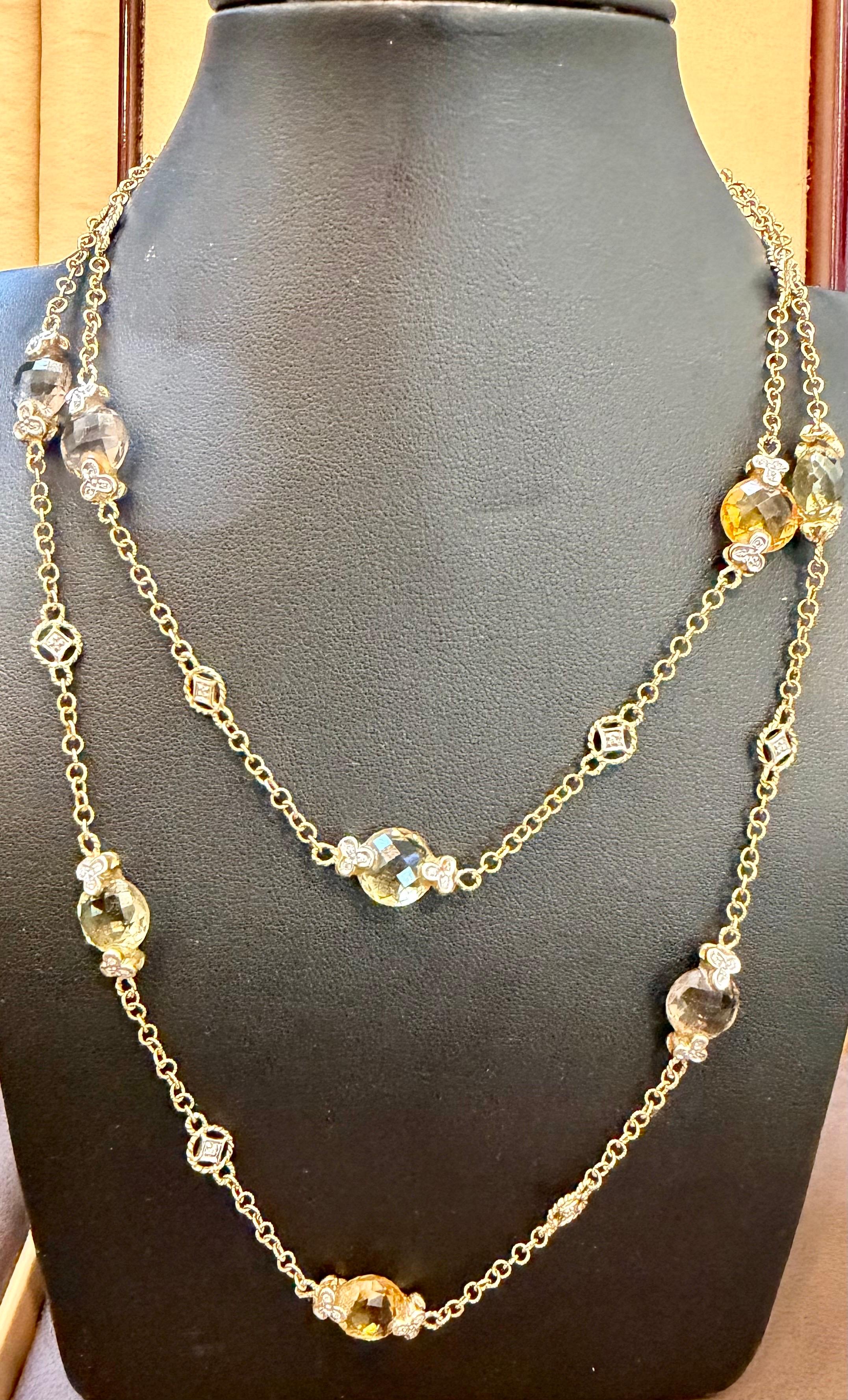 Round Cut Multi Color Quartz Station Necklace  With Tiny Diamonds 14kt Gold 32