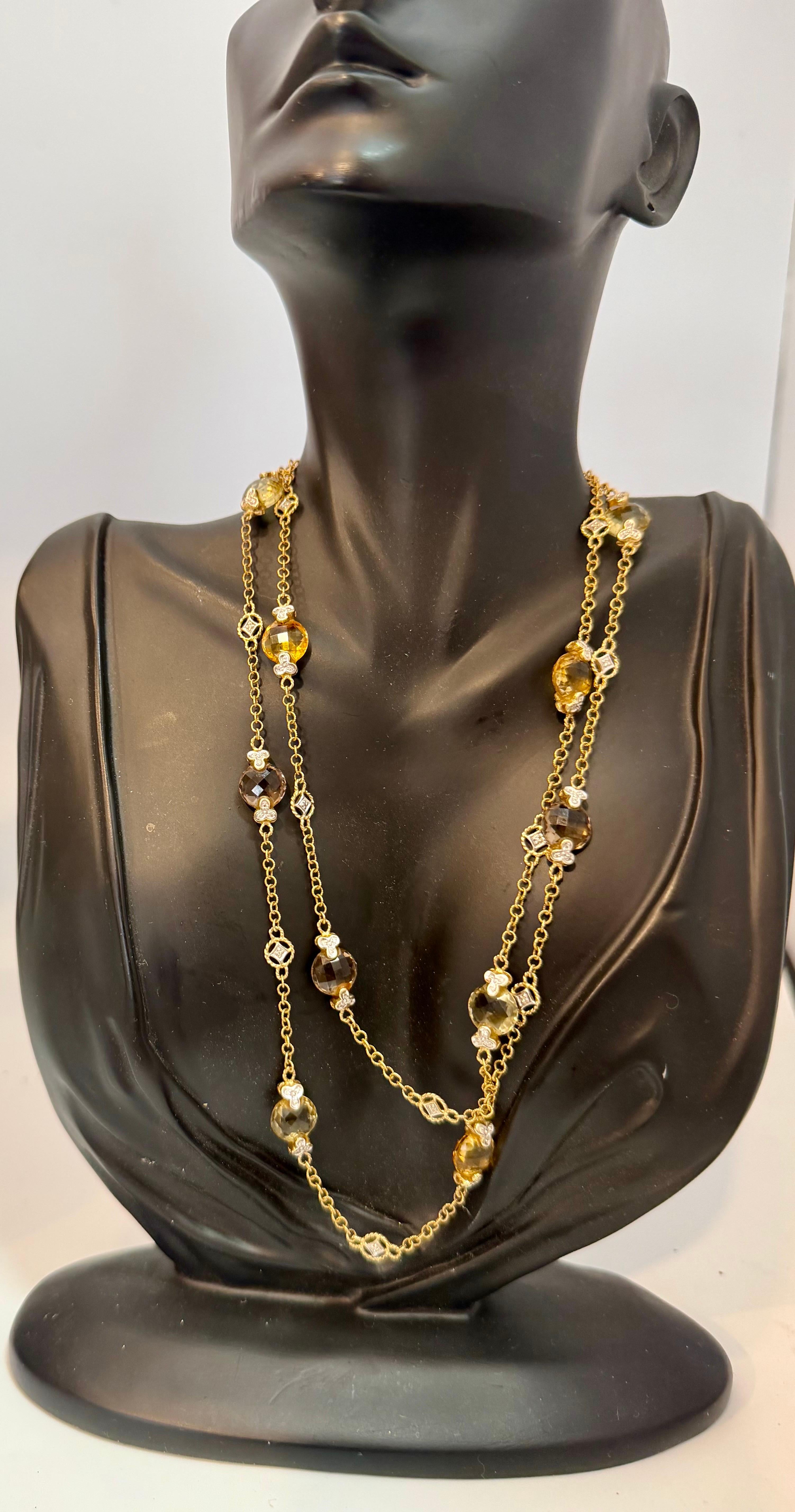 Multi Color Quartz Station Necklace  With Tiny Diamonds 14kt Gold 32