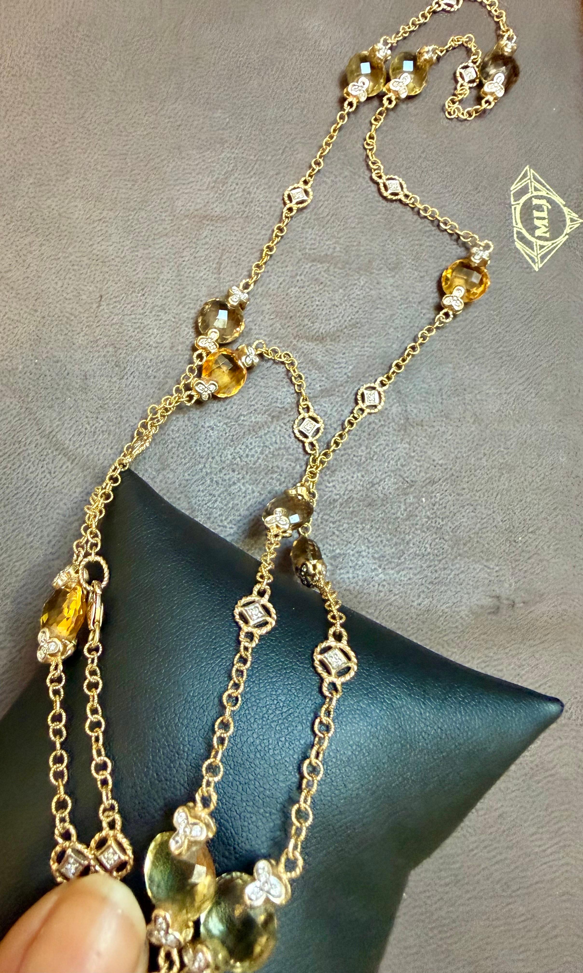 Multi Color Quartz Station Necklace  With Tiny Diamonds 14kt Gold 32