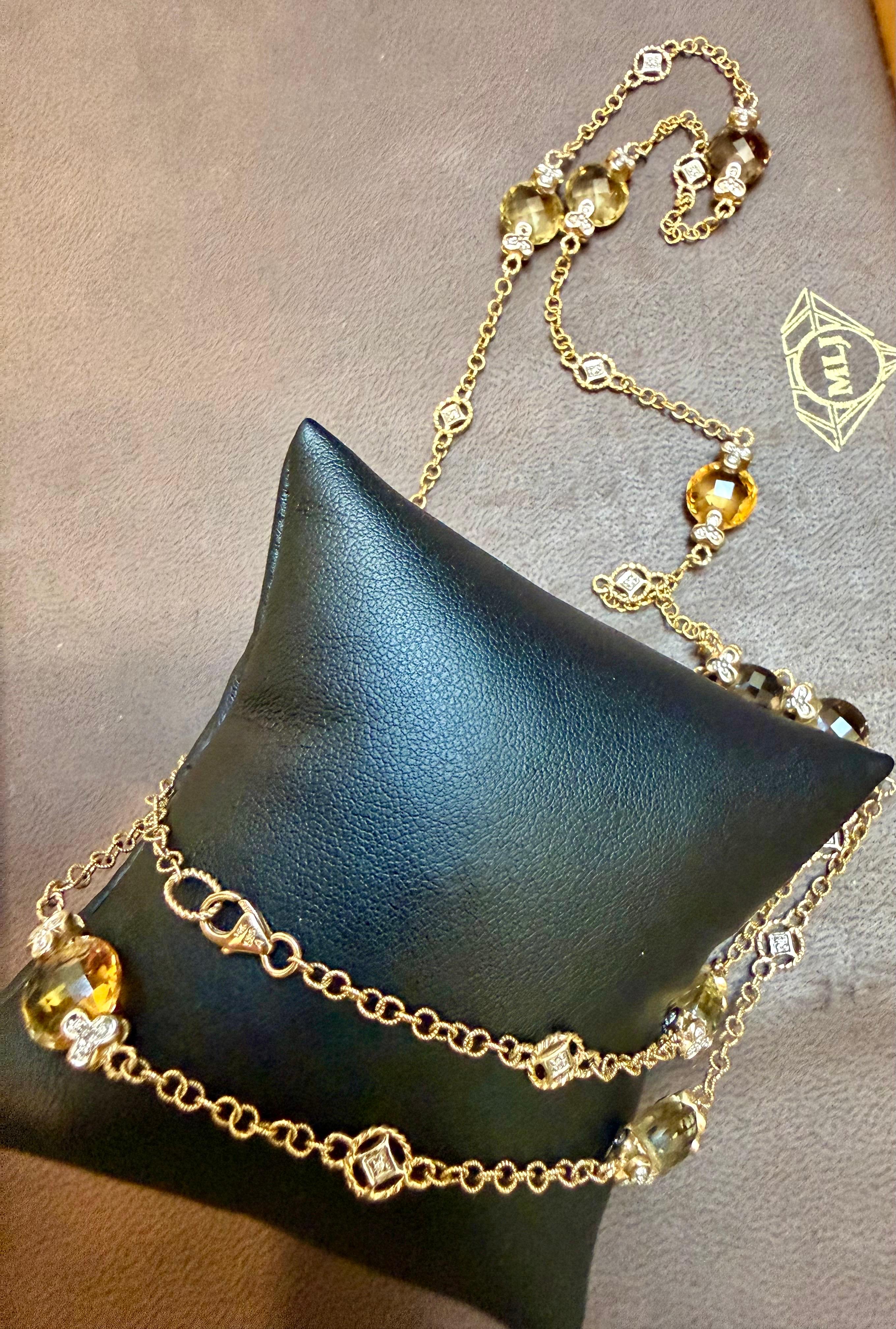 Multi Color Quartz Station Necklace  With Tiny Diamonds 14kt Gold 32