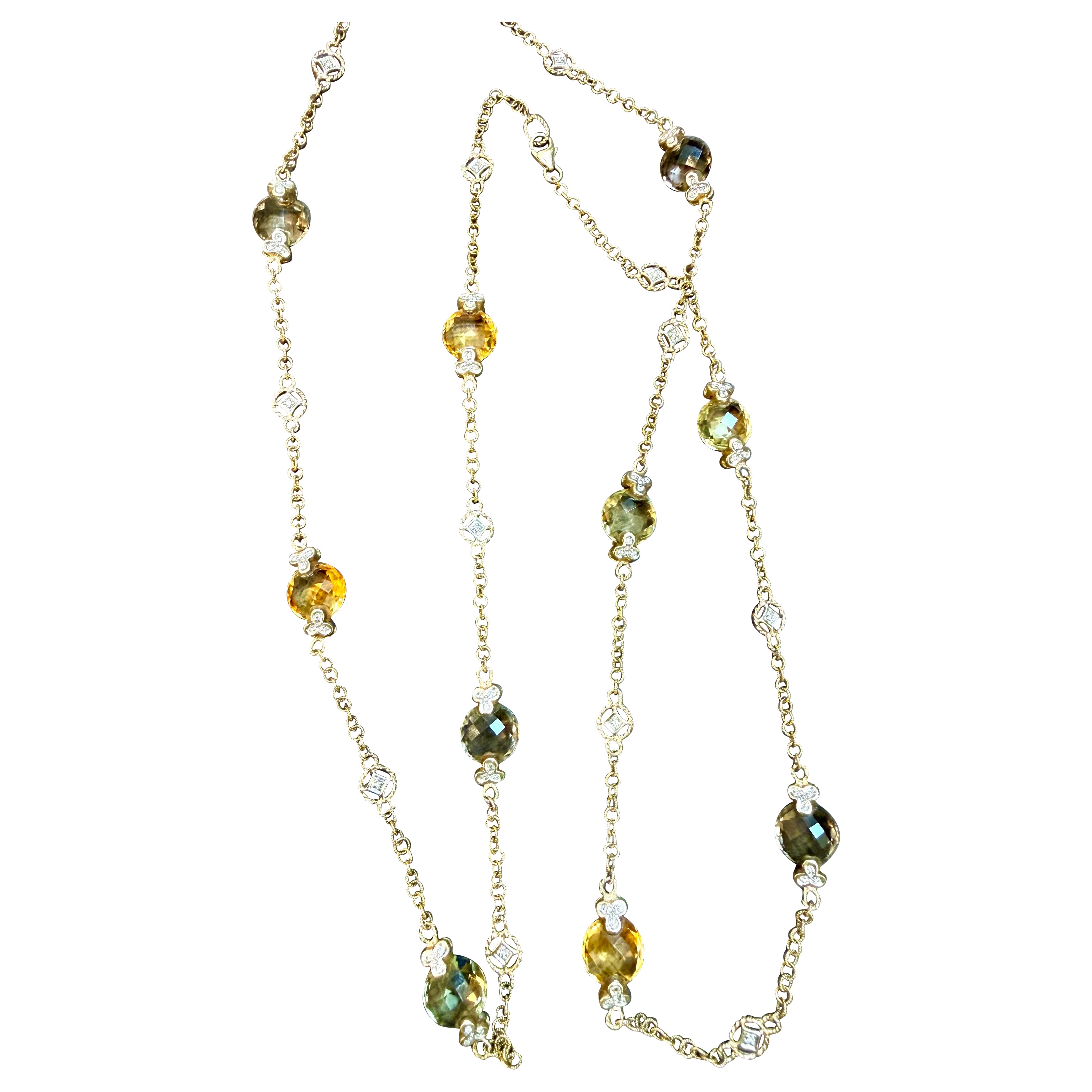 Multi Color Quartz Station Necklace  With Tiny Diamonds 14kt Gold 32" L Necklace For Sale
