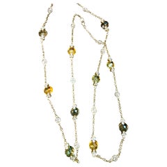 Multi Color Quartz Station Necklace  With Tiny Diamonds 14kt Gold 32" L Necklace