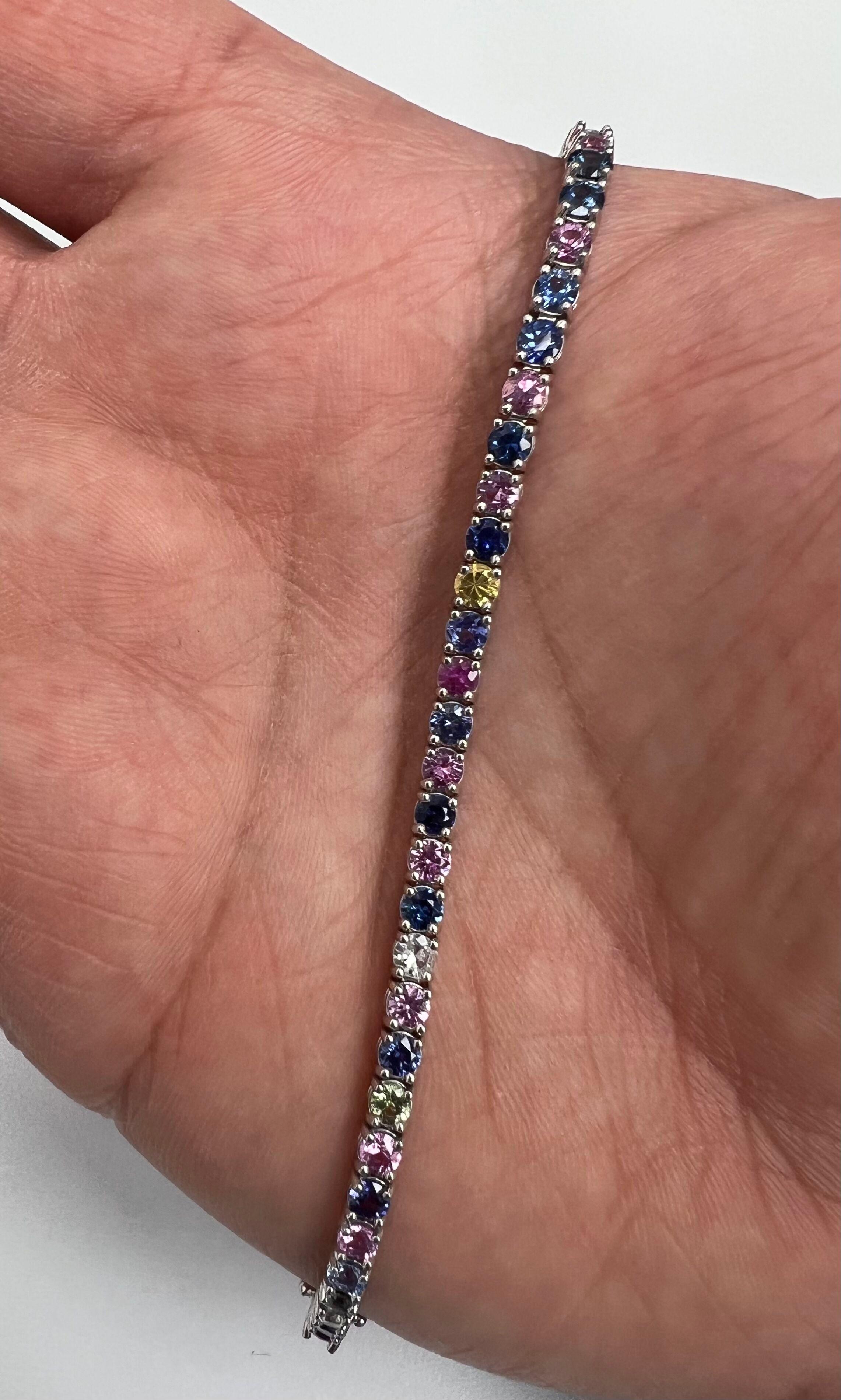Round Cut Multi-Color Rainbow Natural Sapphires Tennis Bracelet in 14k White Gold For Sale