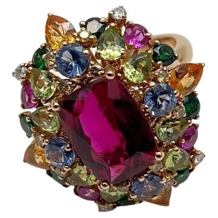 Multi Color Rainbow Ruby Sapphires Garnets Diamonds 18K Rose Gold Statement Ring
