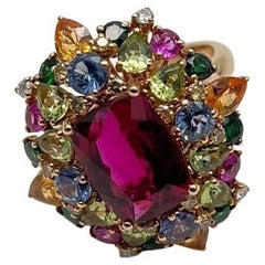 Multi Color Rainbow Ruby Sapphires Garnets Diamonds 18K Rose Gold Statement Ring