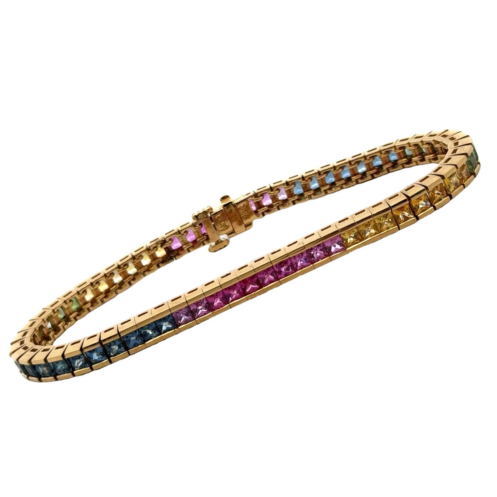 Mehrfarbiges Regenbogen-Saphir-Tennisarmband aus 18 Karat Gelbgold mit Linie (Carréschliff)