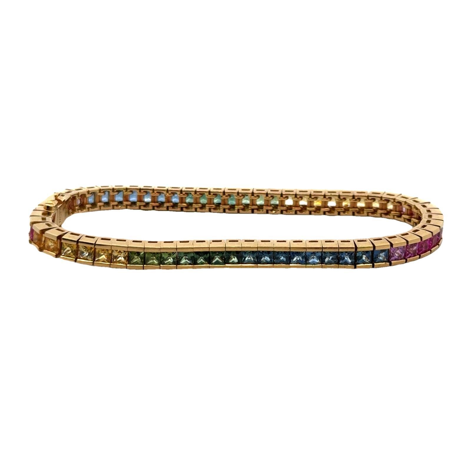 Mehrfarbiges Regenbogen-Saphir-Tennisarmband aus 18 Karat Gelbgold mit Linie Damen
