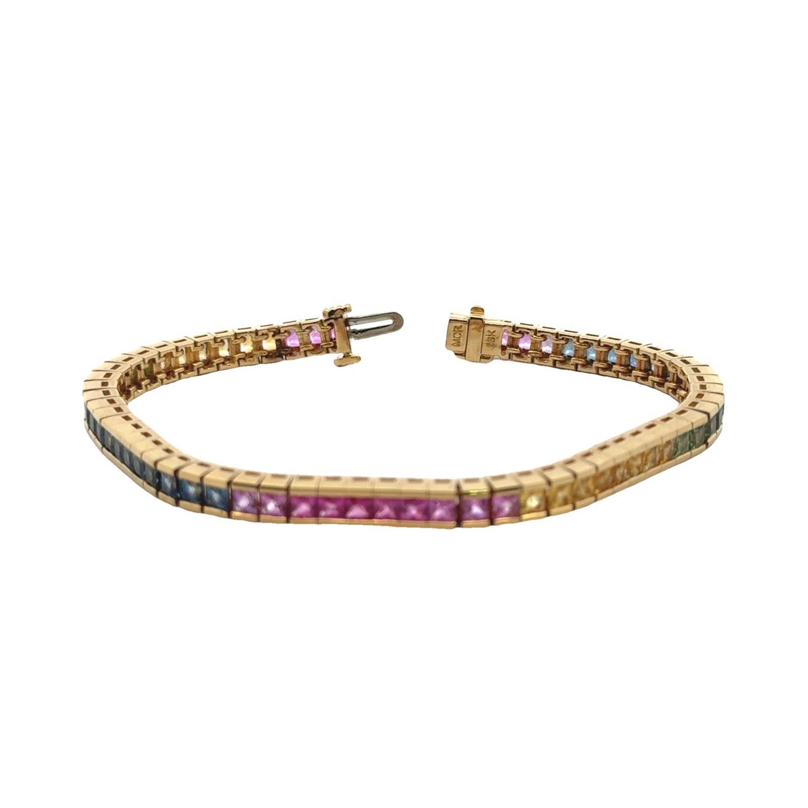 Mehrfarbiges Regenbogen-Saphir-Tennisarmband aus 18 Karat Gelbgold mit Linie 2