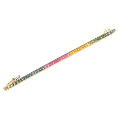 Mehrfarbiges Regenbogen-Saphir-Tennisarmband aus 18 Karat Gelbgold mit Linie