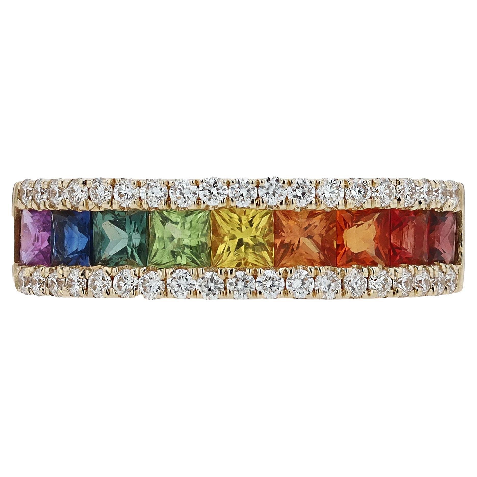 The Taylor multi color sapphire and diamond 3 row wedding band creates a colorful rainbow around your finger. The meticulously matched 9 sapphires of gradient shades are precision cut and faceted for maximum vibrance and color dispersion. Channel