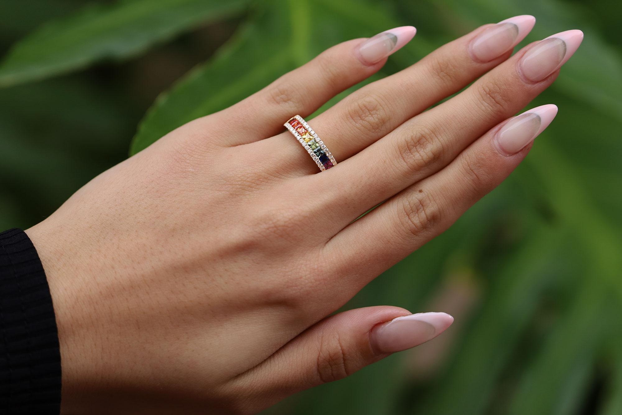 Contemporary Multi Color Rainbow Sapphire and Diamond Band Ring