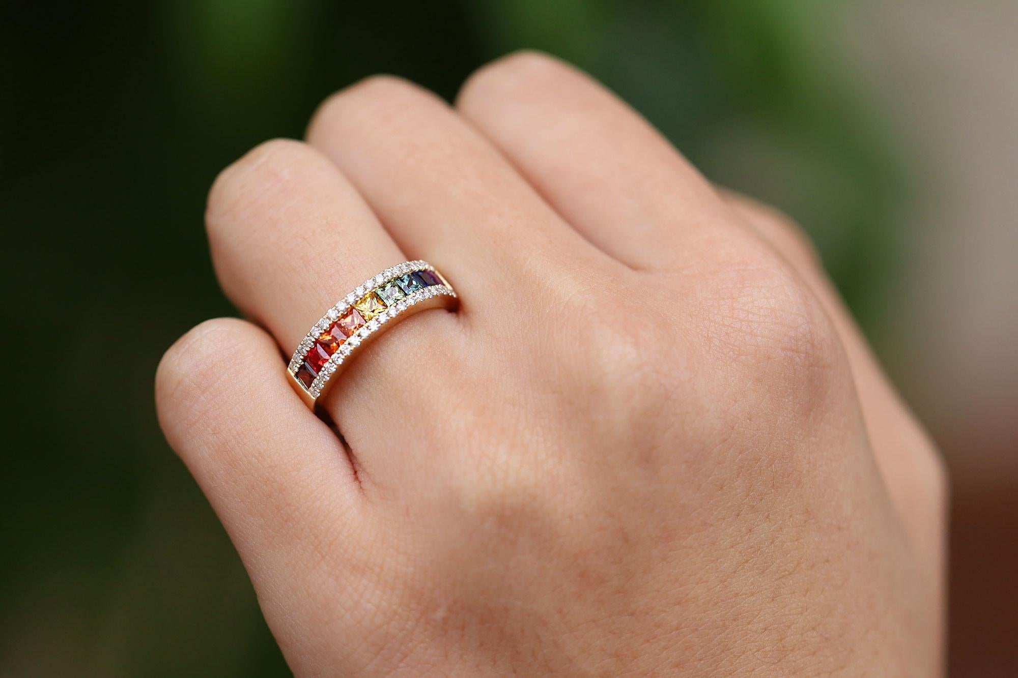 Princess Cut Multi Color Rainbow Sapphire and Diamond Band Ring