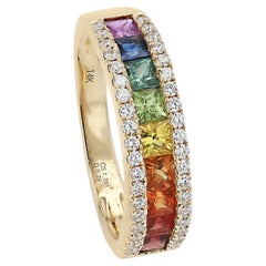 Multi Color Rainbow Sapphire and Diamond Band Ring