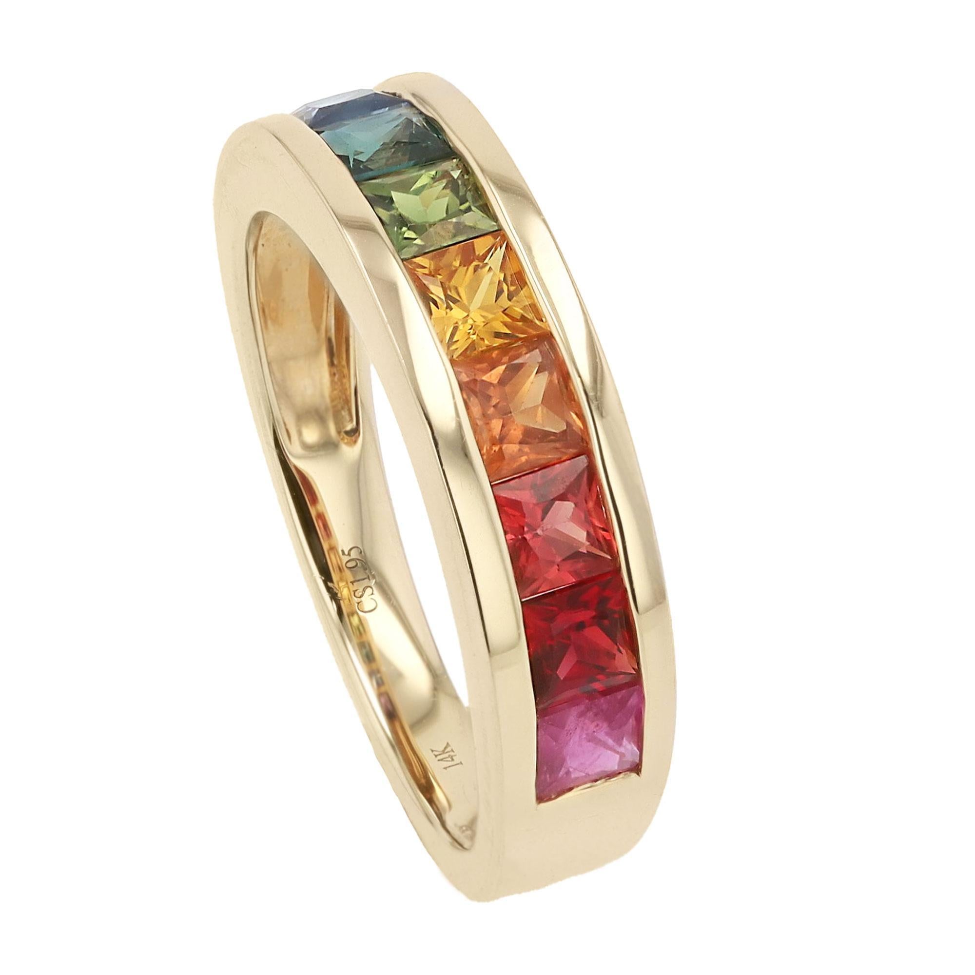 Contemporary Multi Color Rainbow Sapphire Yellow Gold Wedding Band For Sale