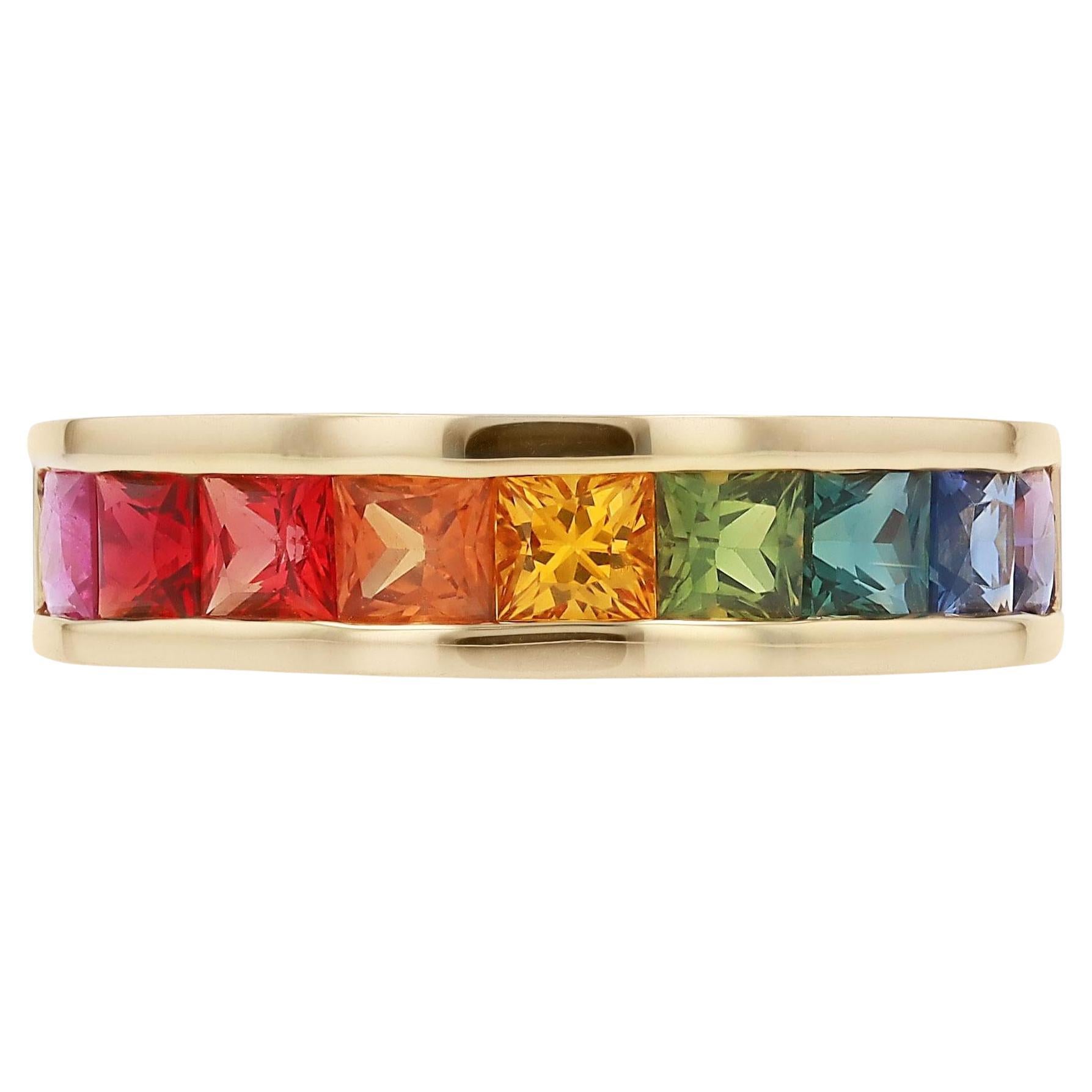 Multi Color Rainbow Sapphire Yellow Gold Wedding Band
