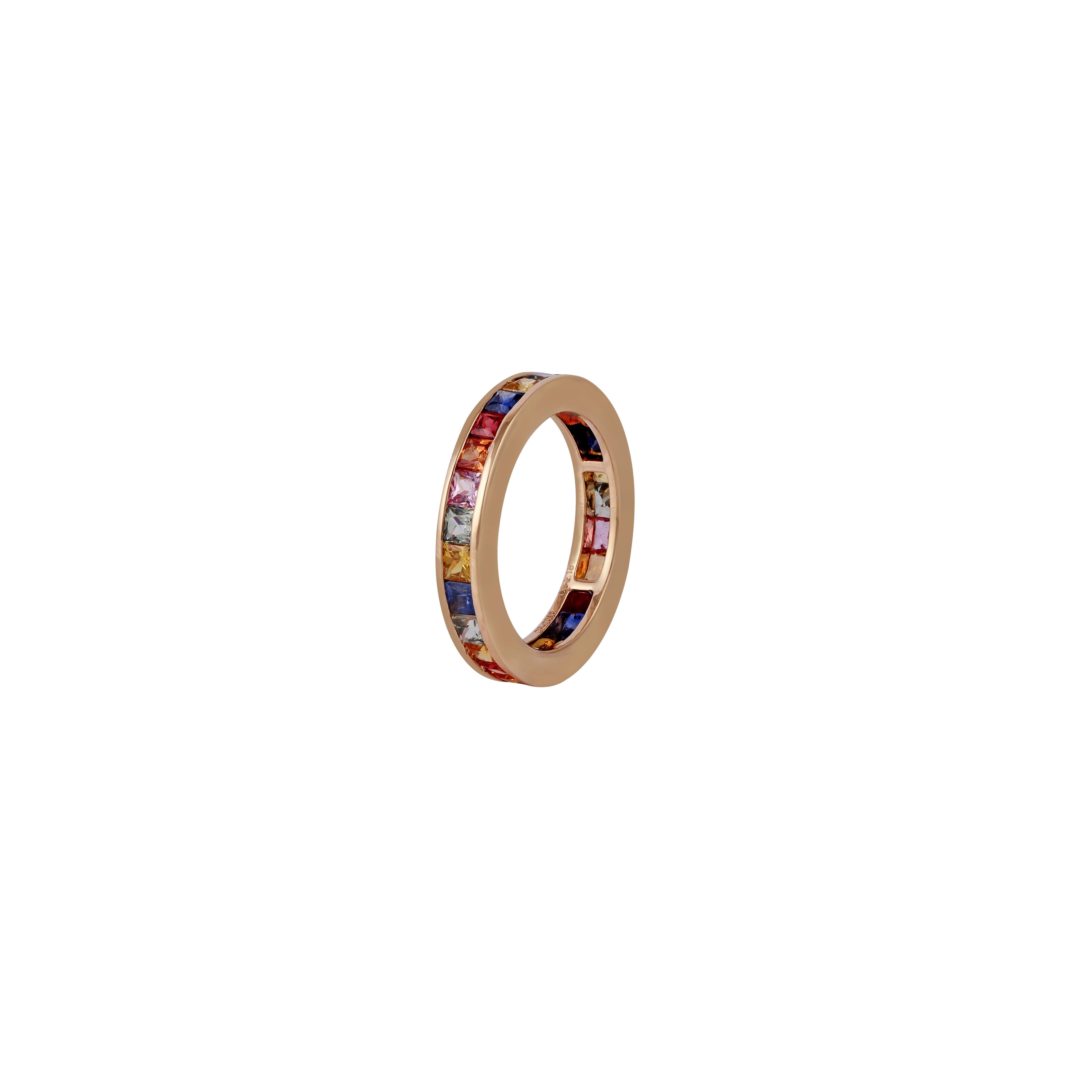 Multi-Color Rainbow Sapphires Princess Cut Ring in 18 Kt Rose Gold In New Condition For Sale In Jaipur, Rajasthan