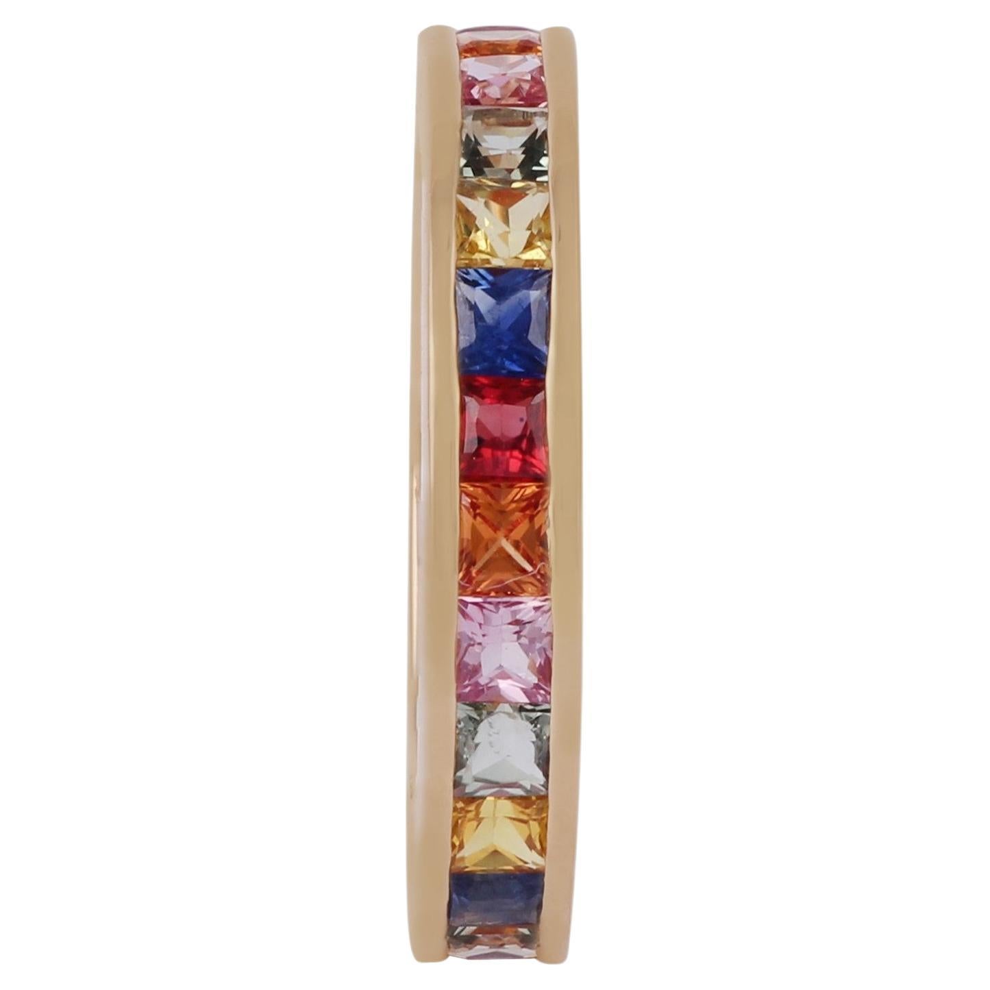 Bague en or rose 18 carats avec saphirs arc-en-ciel multicolores taille princesse