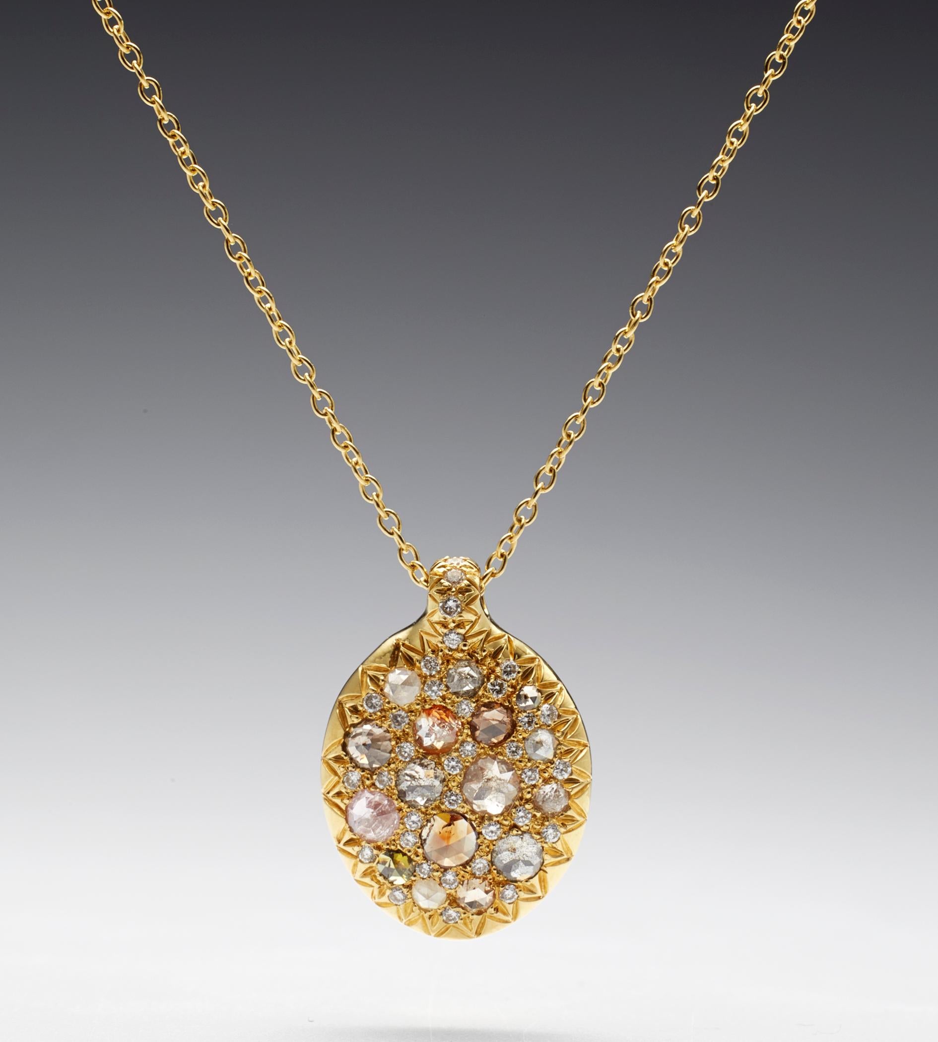 Contemporary Multi Color Rose Cut Pave Diamond 18K Gold Pendant Necklace