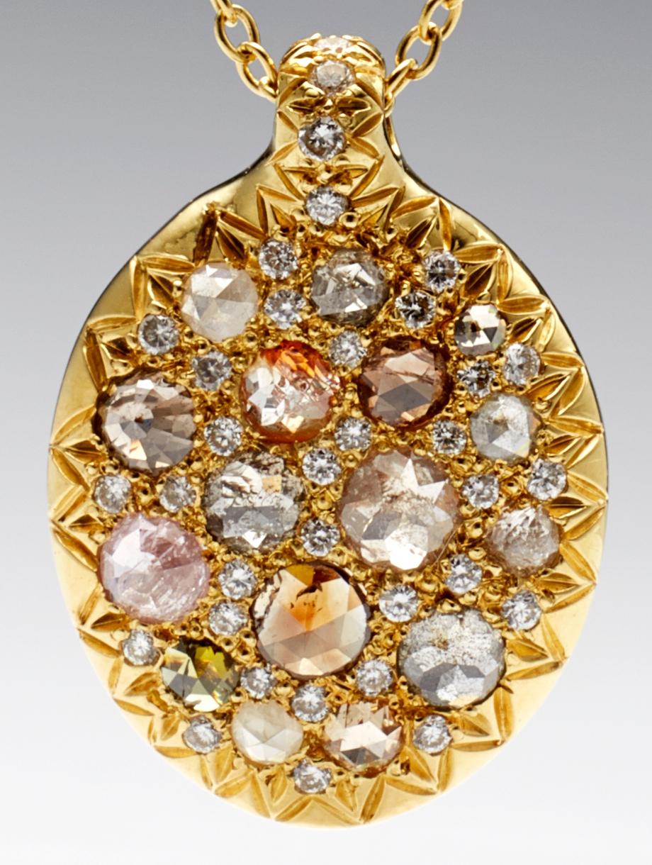 Multi Color Rose Cut Pave Diamond 18K Gold Pendant Necklace In New Condition In New York, NY