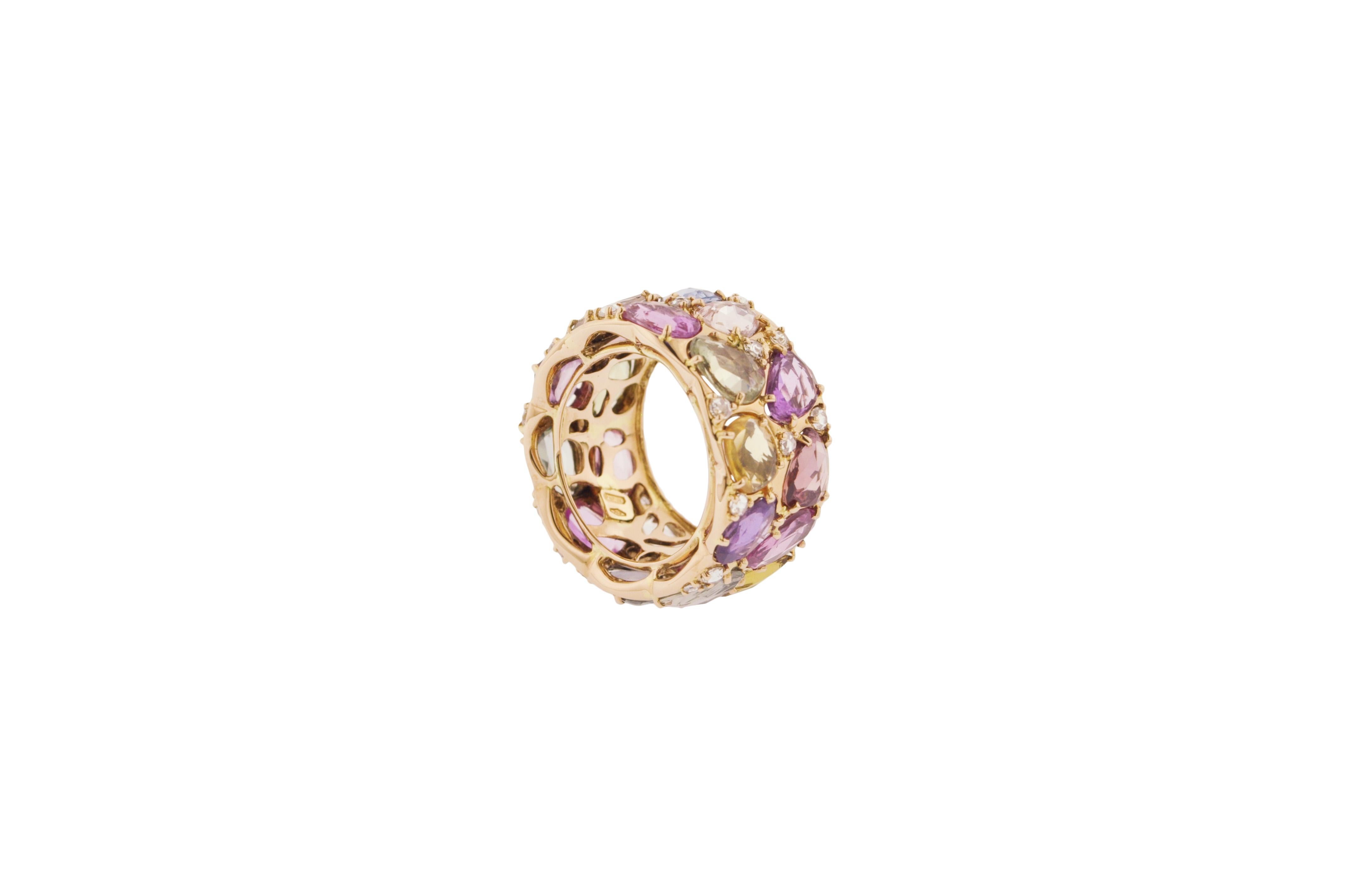 18K pink gold cocktail eternity band featuring 21 multi-color rose-cut sapphires weighing 15.16 carats and 24 rose-cut diamonds weighing 0.60 carats.

Ring size 7