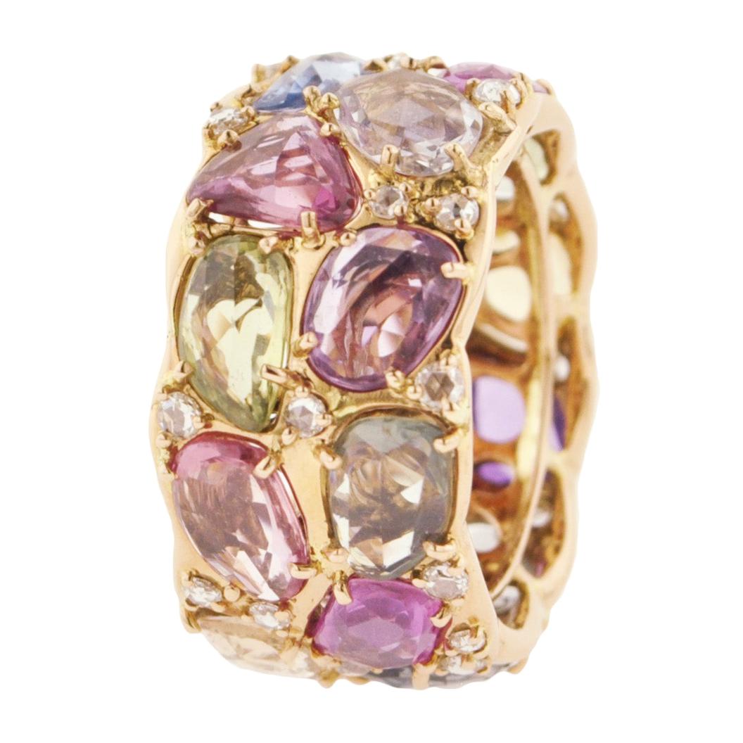 Multi-Color Rose-Cut Sapphire Diamond and Gold Cocktail Ring For Sale
