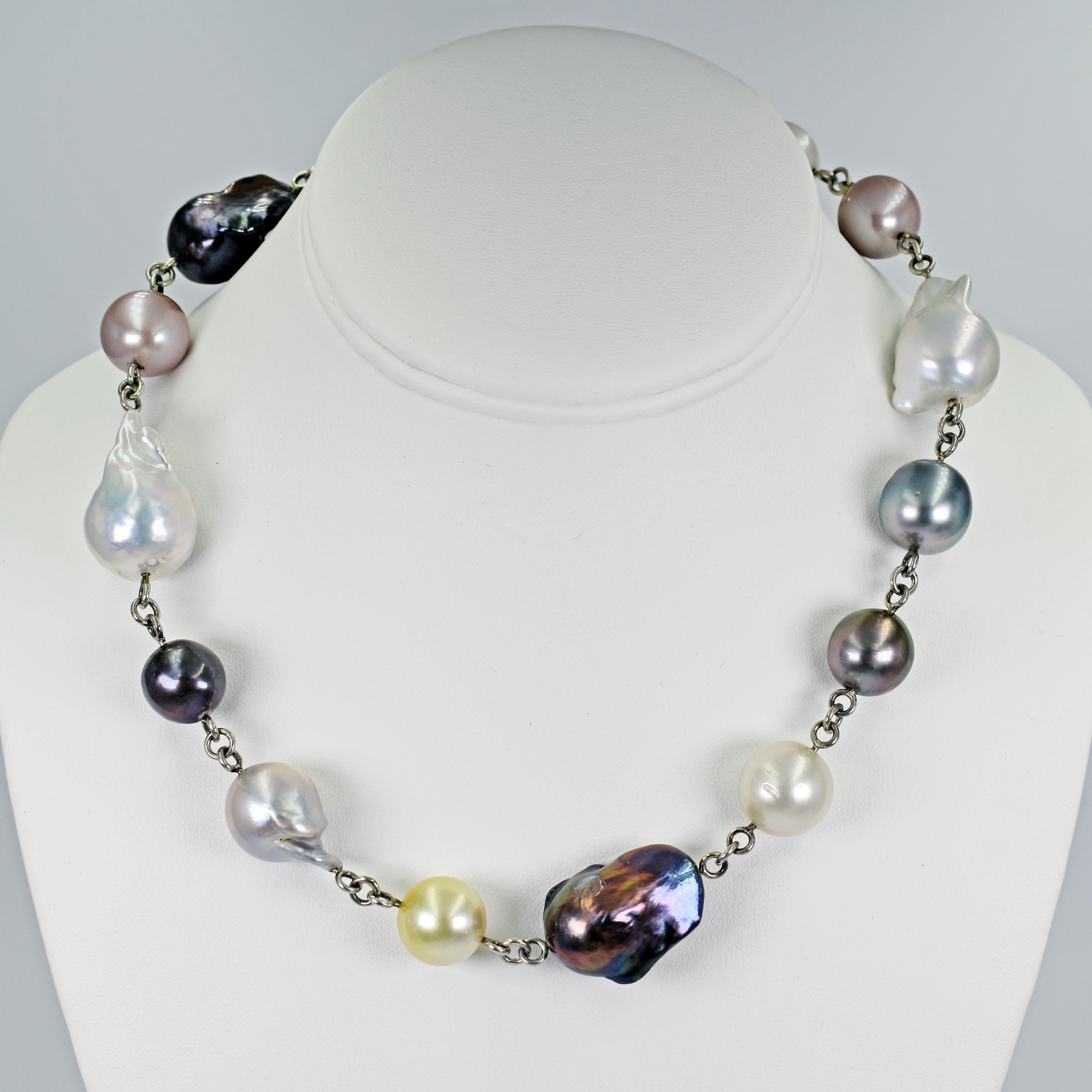 Bead Multi-Color Round and Baroque Pearl Sterling Silver Link Collar Necklace For Sale