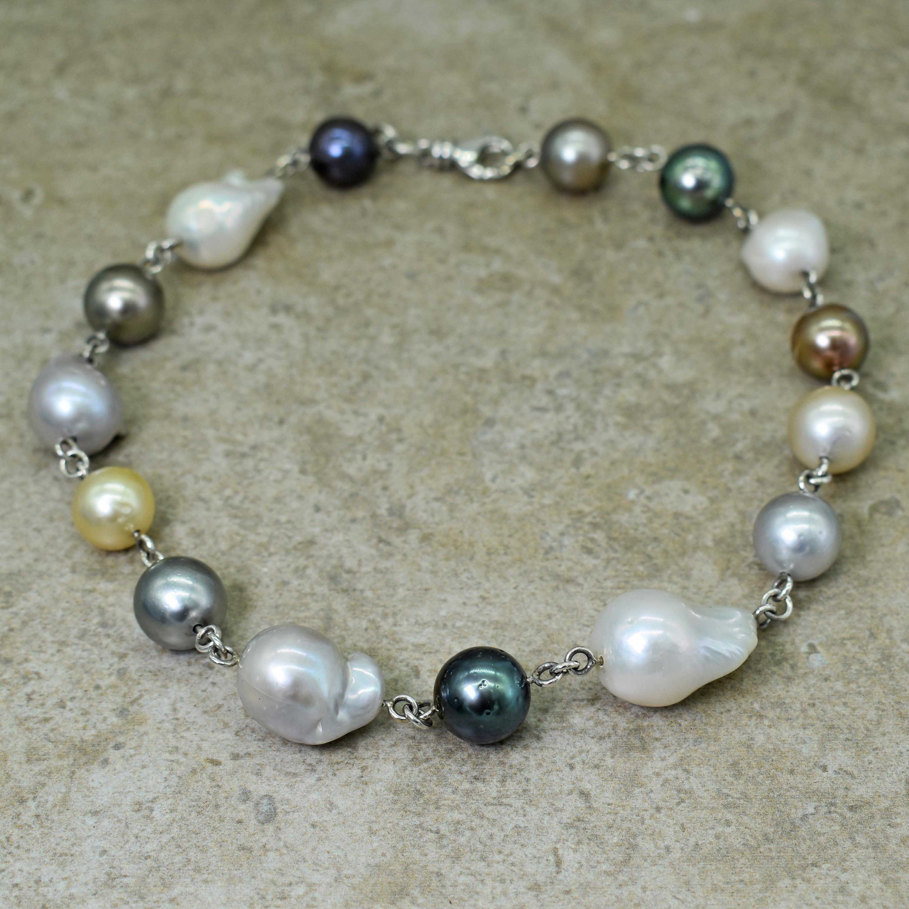 Contemporary Multi-Color Round and Baroque Pearl Sterling Silver Link Collar Necklace For Sale