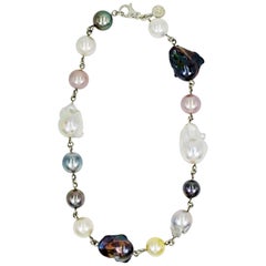 Multi-Color Round and Baroque Pearl Sterling Silver Link Collar Necklace