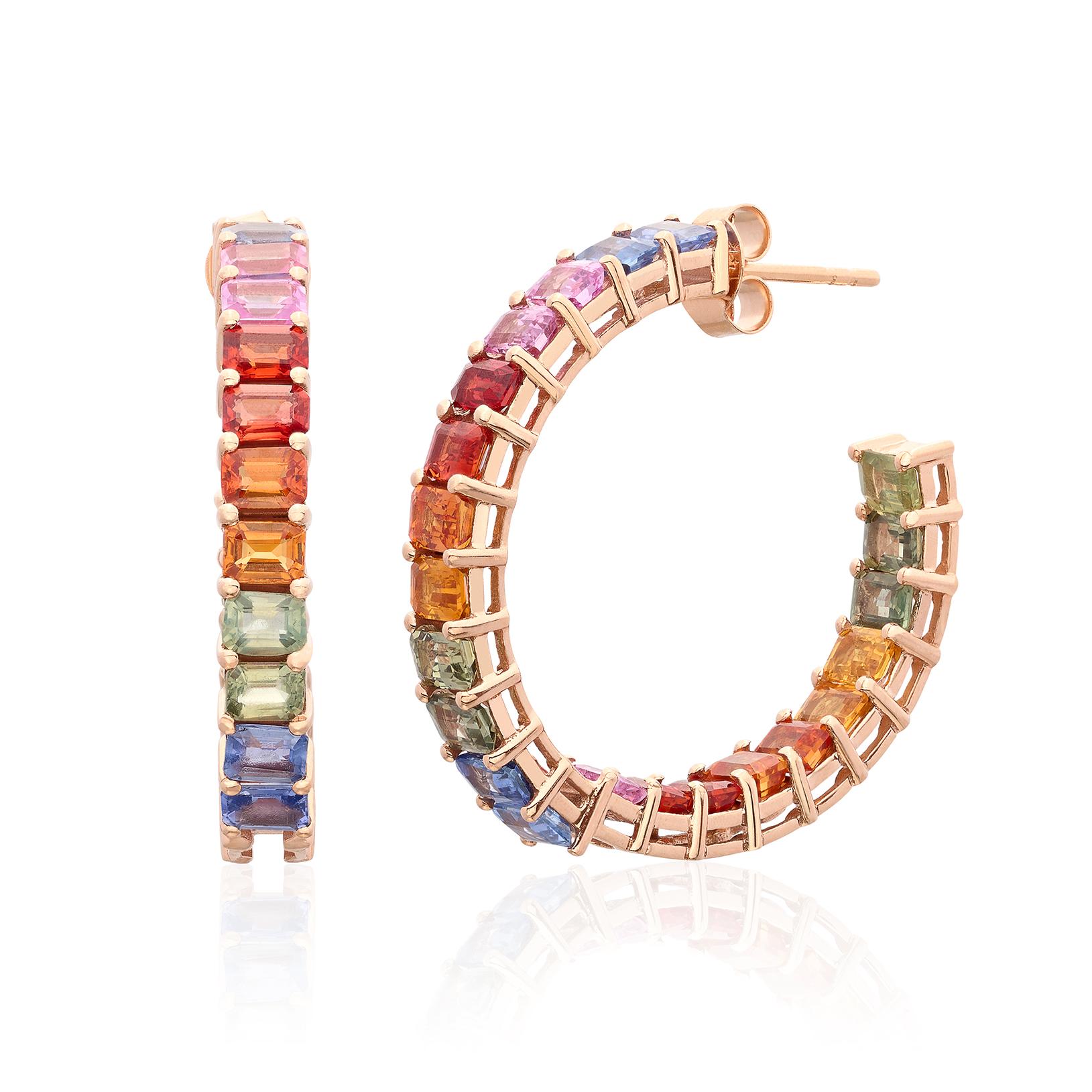 Women's Multi-Color Sapphire & 14k Rose Gold Hoop Earrings For Sale