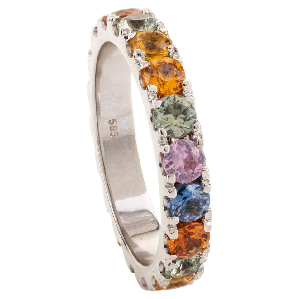 Multi Color Sapphire Stackable Band 14 Karat White Gold For Sale at 1stDibs