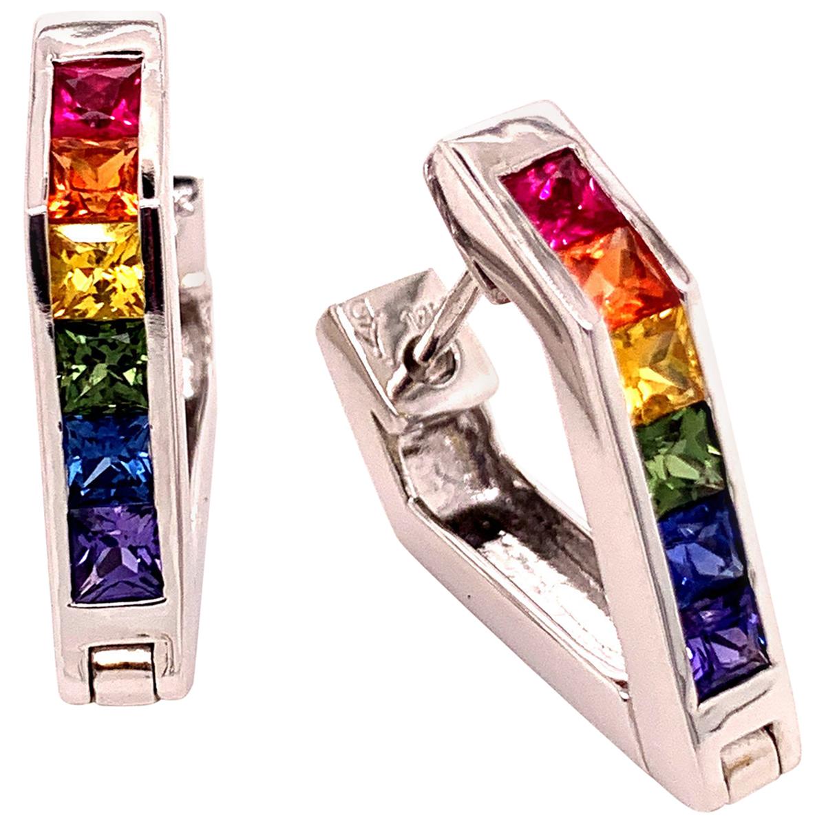 Multi-Color Sapphire 18 Karat White Gold Hoop Earrings