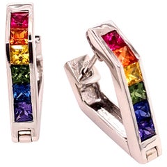 Multi-Color Sapphire 18 Karat White Gold Hoop Earrings